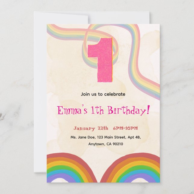 Invitación 1th Birthday Invitation Girl Editable Rainbow (Anverso)
