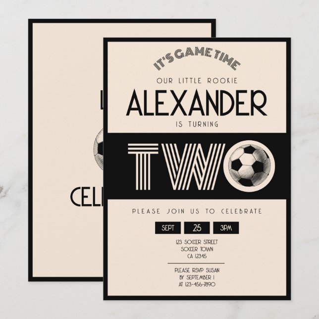Invitación 2º cumpleaños del Clásico Retro Black Soccer (Anverso / Reverso)