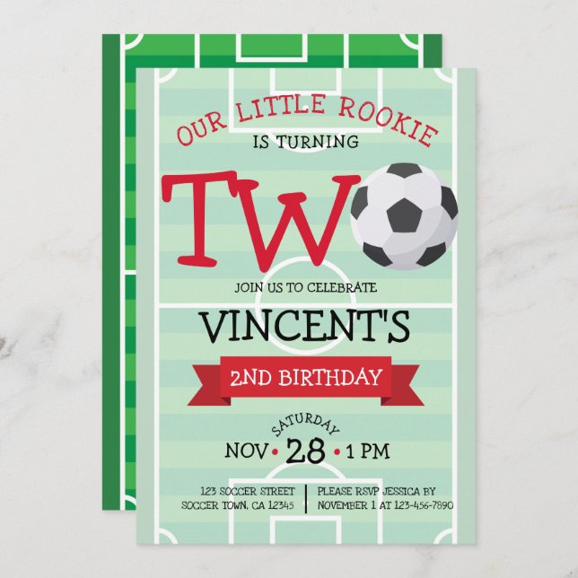Invitación 2º cumpleaños del estadio Cute Trendy Soccer Field (Anverso / Reverso)