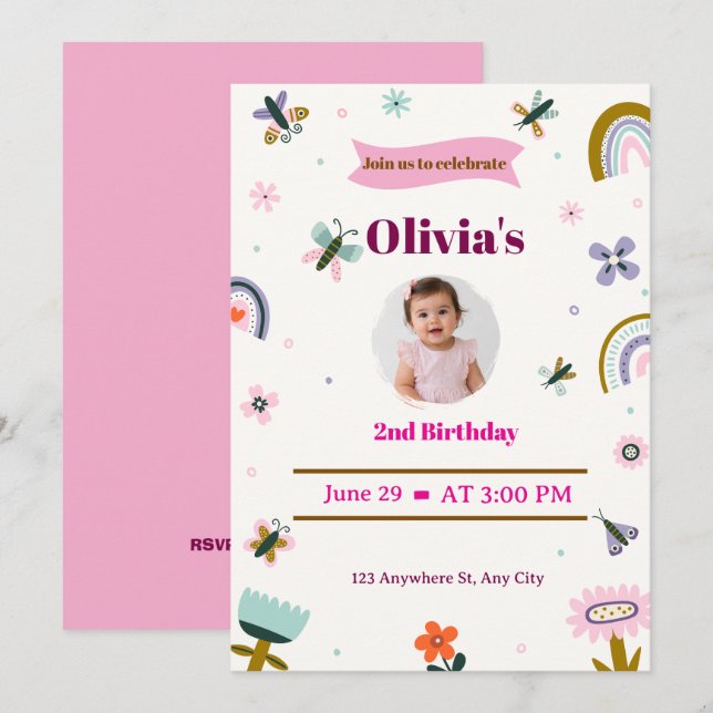Invitación 2º cumpleaños Mariposa Arcoíris (Anverso / Reverso)