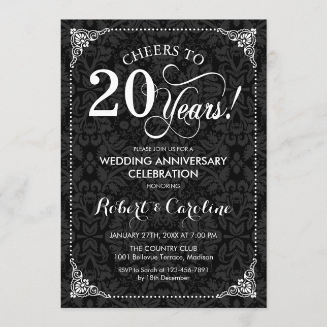 Invitación 20º Aniversario de Boda - Damask Blanco Negro (Anverso)