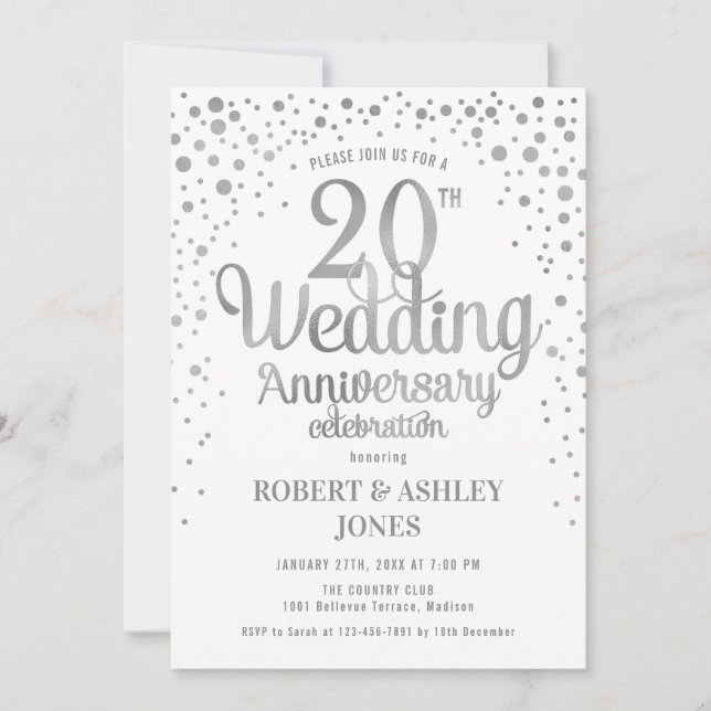 Invitación 20º Aniversario de Boda - Plata y Blanco (Anverso)