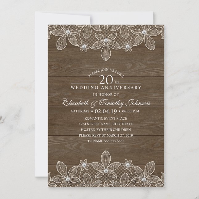 Invitación 20º Aniversario de Boda Rustico Madera País Encaje (Anverso)