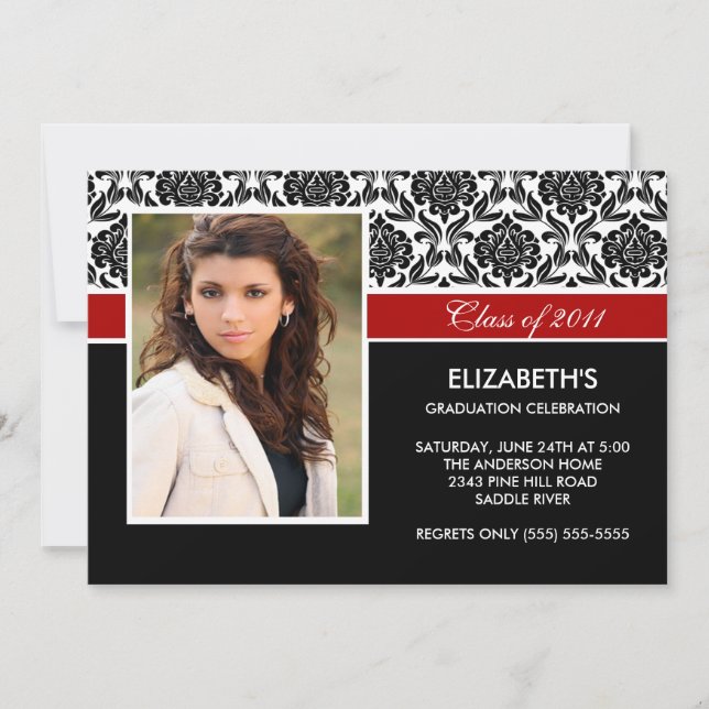 Invitación 2011 Black Damask Photo Graduation Invitation Red (Anverso)