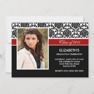 Invitación 2011 Black Damask Photo Graduation Invitation Red