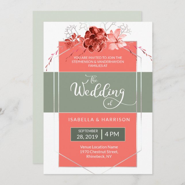 Invitación 2019 Coral Sage Boda Geométrico Floral Moderno (Anverso / Reverso)