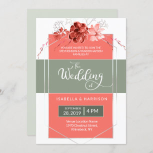 Invitación 2019 Coral Sage Boda Geométrico Floral Moderno