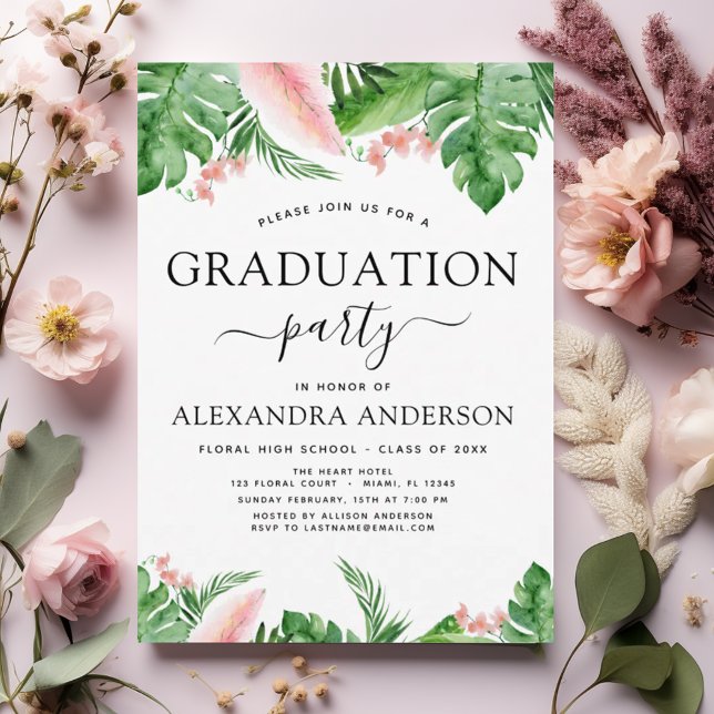 Invitación 2022 Graduación de la palma tropical acuarela flor (Subido por el creador)