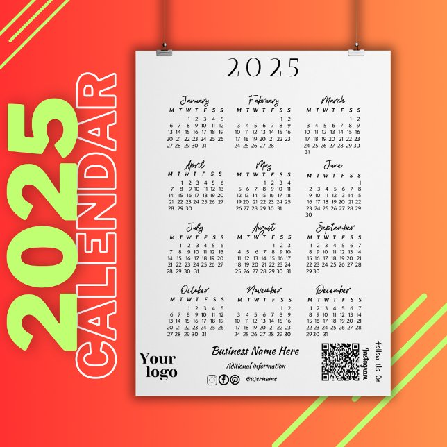 Invitación 2025 Año Calendario Tipografía del guión Blanco (2025 Year Calendar Script Typography White Invitation)