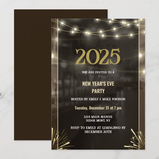 Invitación 2025 Año Nuevo Oro Negro Moderno Personalizado Agr (Anverso / Reverso)