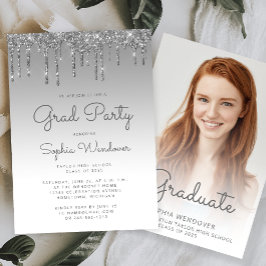 Invitación 2026 Brillo Plateado Glam Goteo Foto Graduación
