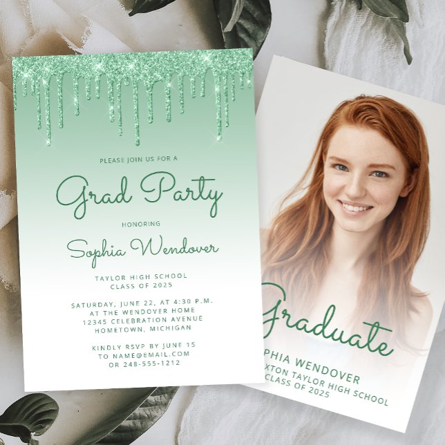 Invitación 2026 Grados Foto Drip Brillo Verde Glam (Subido por el creador)