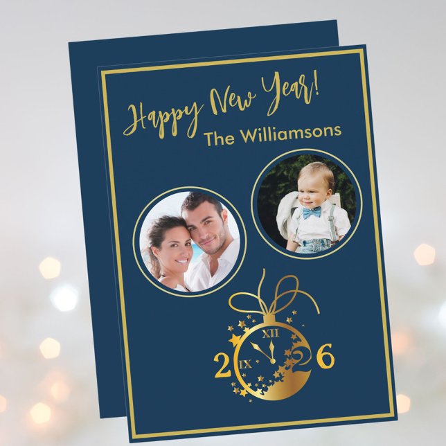 Invitación 2026 Happy New Year's 2 Photo Clock Card (Subido por el creador)