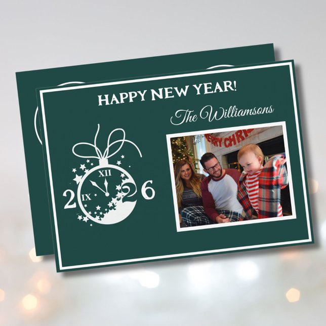 Invitación 2026 Happy New Year's 4 Photo Clock Card (Subido por el creador)