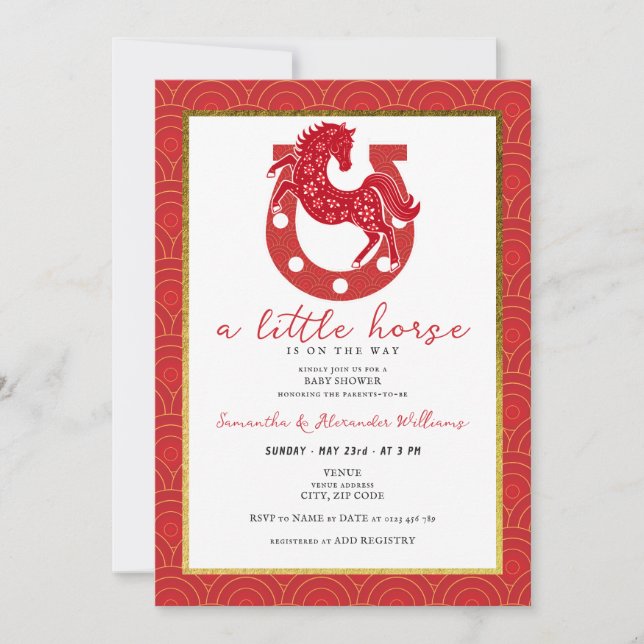 Invitación 2026 Little Horse Floral Horseshoe Red Baby Shower (Anverso)