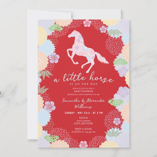 Invitación 2026 Little Horse Floral Red Garden Baby Shower (Anverso)