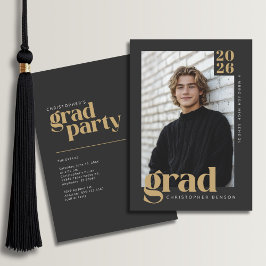 Invitación 2026 Modern Charcoal Gold Graduation Party