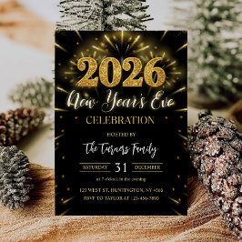 Invitación 2026 New Year's Eve Party Black & Gold Glitter