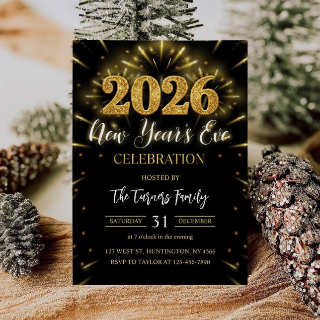 Invitación 2026 New Year's Eve Party Black & Gold Glitter (Subido por el creador)