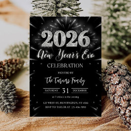 Invitación 2026 New Year's Eve Party Black & Silver Glitter