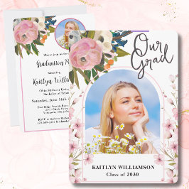 Invitación 2026 Watercolor Pink Floral Photo Graduation Party