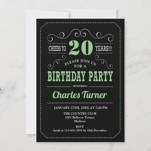 Invitación 20.ª Fiesta de Cumpleaños - Blanco Verde Negro (Anverso)