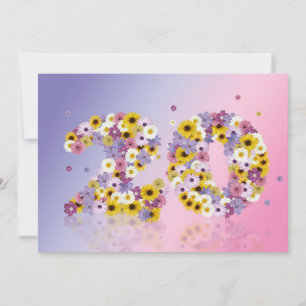 Invitación 20.ª fiesta de cumpleaños, con letras con flores
