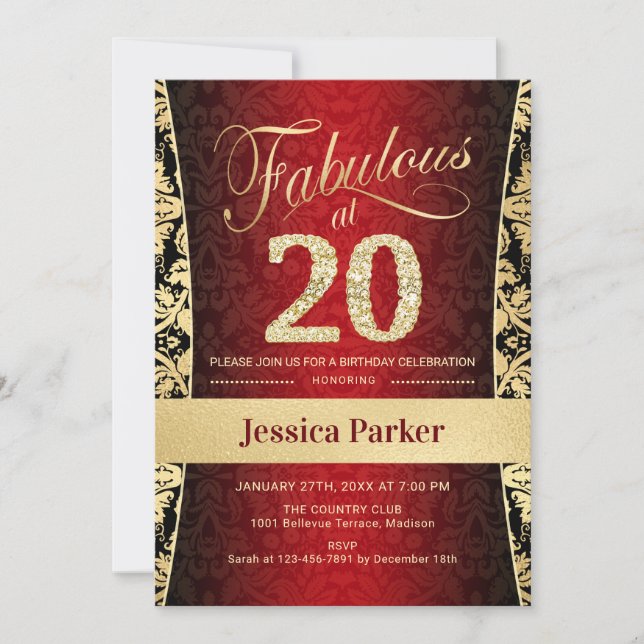 Invitación 20.ª fiesta de cumpleaños - Negro rojo dorado (Anverso)