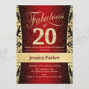 Invitación 20.ª fiesta de cumpleaños - Negro rojo dorado
