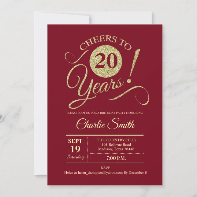 Invitación 20.ª fiesta de cumpleaños - Oro Rojo (Anverso)