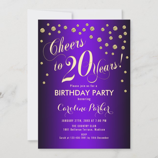 Invitación 20.ª fiesta de cumpleaños - Púrpura dorada (Anverso)