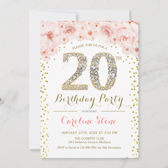 Invitación 20.ª Fiesta de Cumpleaños - Rosa de Oro Blanco (Anverso)