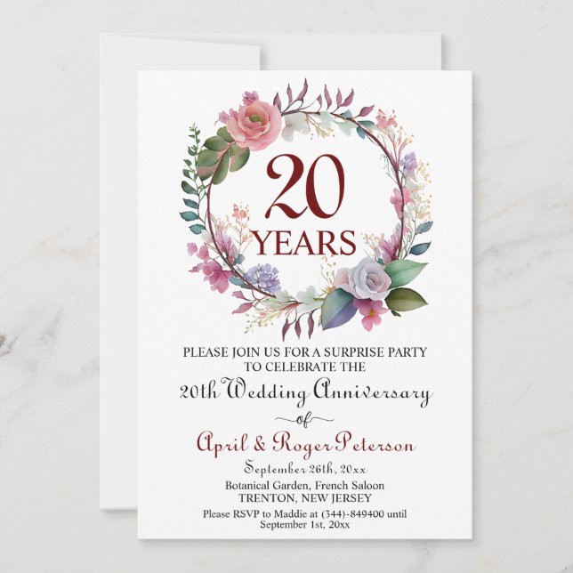 Invitación 20.ª floral de aniversario de Boda sorprendido de  (Anverso)