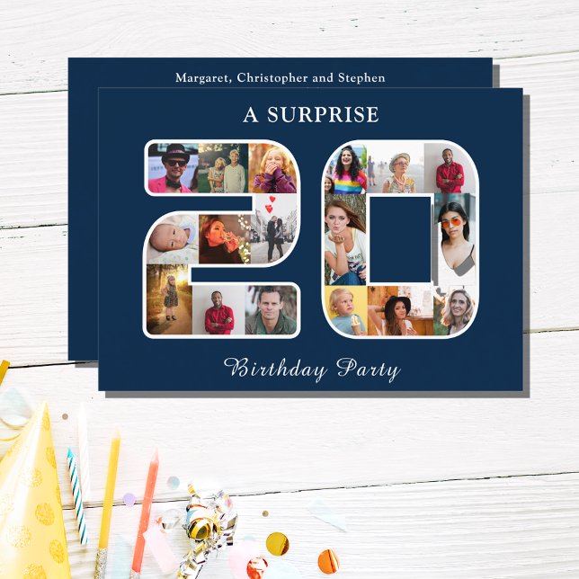 Invitación 20.º Collage de fotos de la fiesta de cumpleaños B (20th Birthday party invitations idea template in blue. Add your favorite photos for a unique invite.)