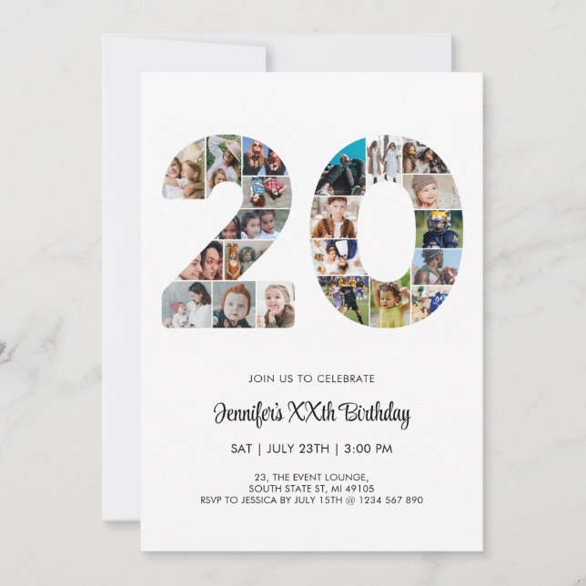 Invitación 20.º Collage de fotos número 20 Personalizados (Anverso)