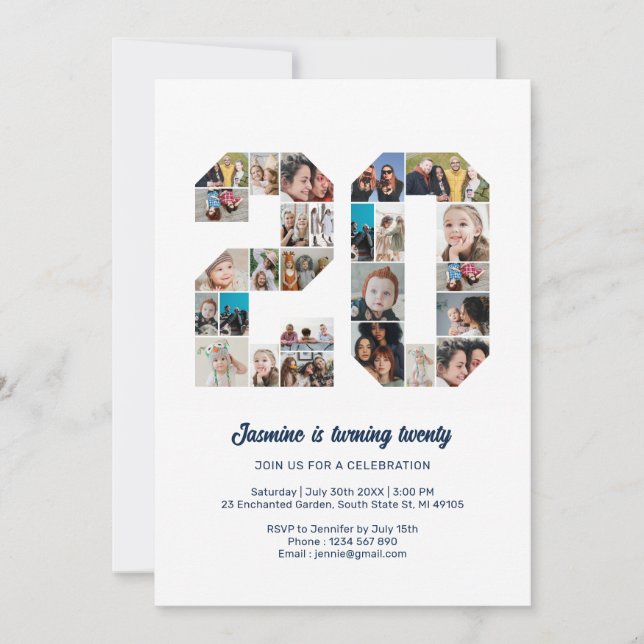Invitación 20.º Collage de fotos número 20 Personalizados (Anverso)