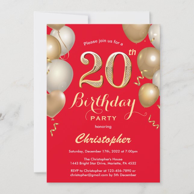 Invitación 20.º Confetti de Globos Rojos y Oro (Anverso)