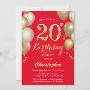 Invitación 20.º Confetti de Globos Rojos y Oro