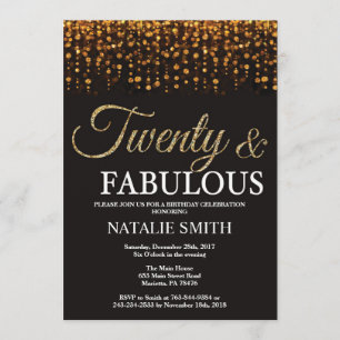 Invitación 20.º cumpleaños 20 y fabuloso Purpurina de oro