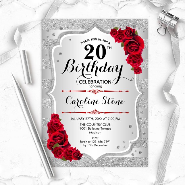 Invitación 20.º cumpleaños - Bandas de plata Roses rojas (Subido por el creador)