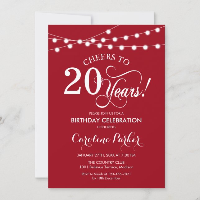 Invitación 20.º cumpleaños - Blanco Rojo (Anverso)