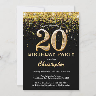 Invitación 20.º cumpleaños Confetti Purpurina de oro y negro