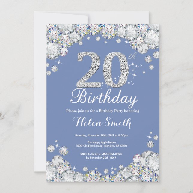 Invitación 20.º cumpleaños Diamante Azul y Plata (Anverso)