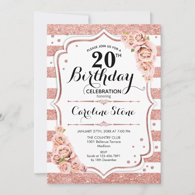 Invitación 20.º cumpleaños - franjas blancas de oro Rosa (Anverso)