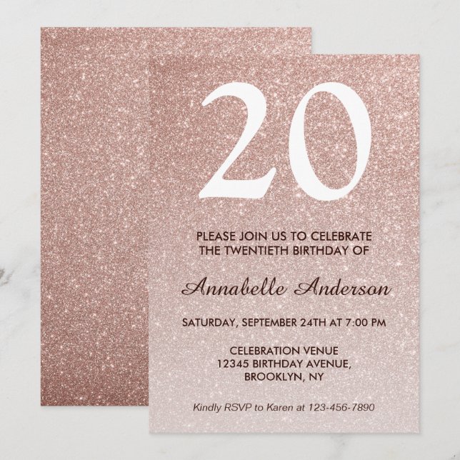 Invitación 20.º cumpleaños Glam Rosa Rosa Purpurina Ombre (Anverso / Reverso)