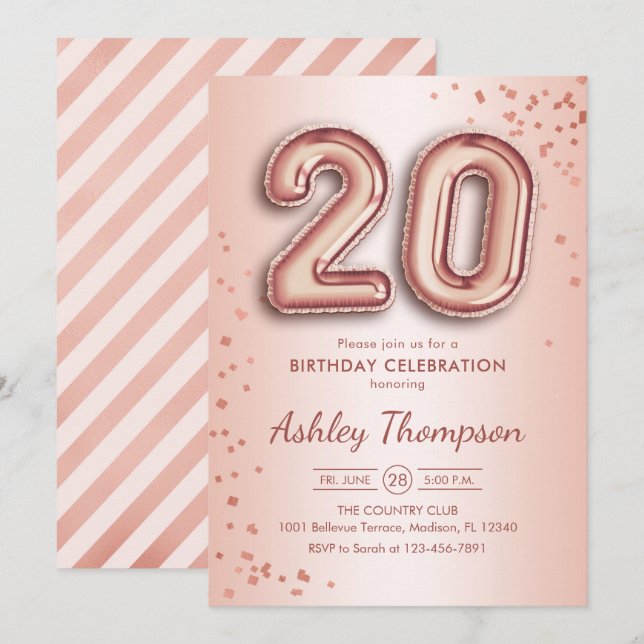Invitación 20.º cumpleaños - Globos de oro Rosas (Anverso / Reverso)