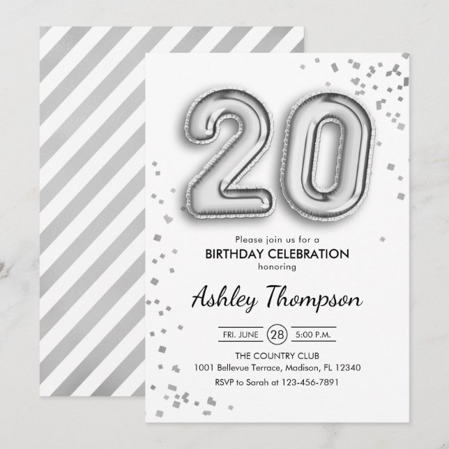 Invitación 20.º cumpleaños - Globos plateados (Anverso / Reverso)