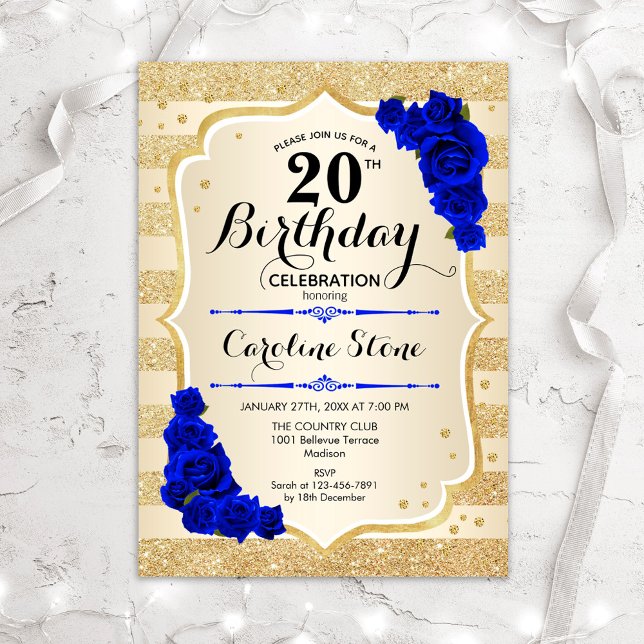 Invitación 20.º cumpleaños - Golpes de oro Rosas azules reale (Subido por el creador)