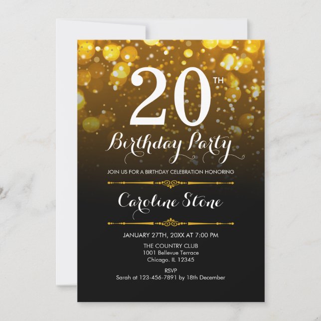 Invitación 20.º cumpleaños - Oro blanco negro (Anverso)
