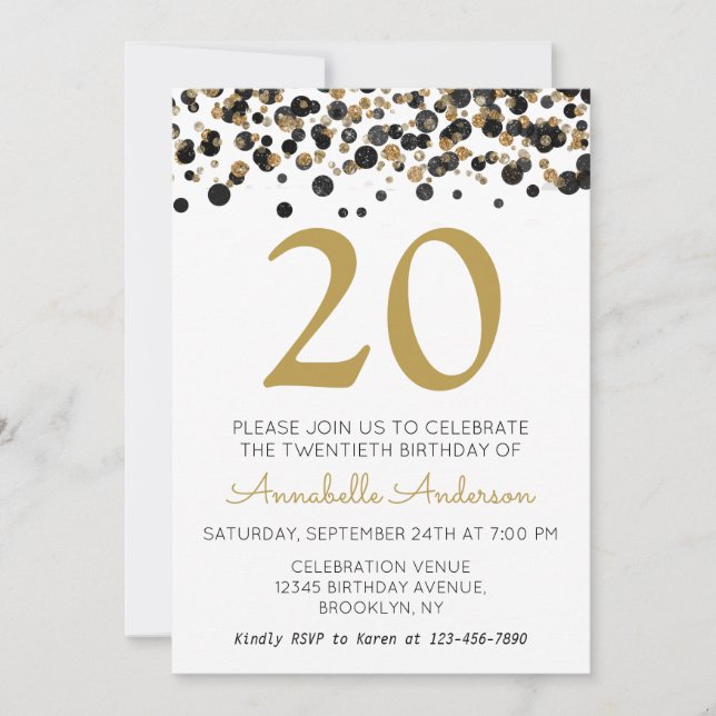 Invitación 20.º cumpleaños Purpurina de oro negro Sparkle Con (Anverso)